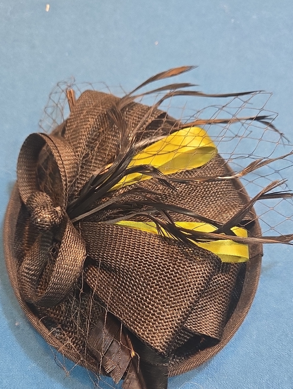 Black Women's Fascinator Hat with Yellow Feather Accents